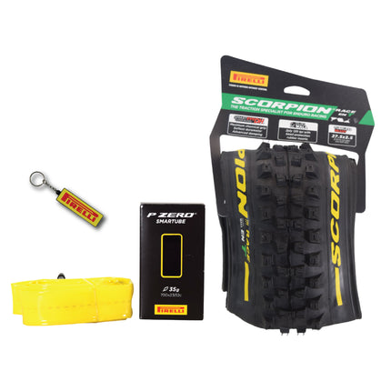 Pirelli Scorpion Race Enduro T Yellow Label 63-584 (27.5x 2.5) MTB Bicycle Tire & SmarTUBE 23/32-622 Set- Designed for Traction and Mixed Terrains, 120x2TPI - Mountain Bike Tire w/Keychain