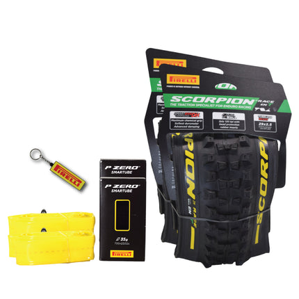 Pirelli Scorpion Race Enduro T Yellow Label 63-622 (29x 2.5) MTB Bicycle Tire & SmarTUBE 23/32-622 Set- Designed for Traction and Mixed Terrains, 120x2TPI - Mountain Bike Tire w/Keychain (2 Pk)