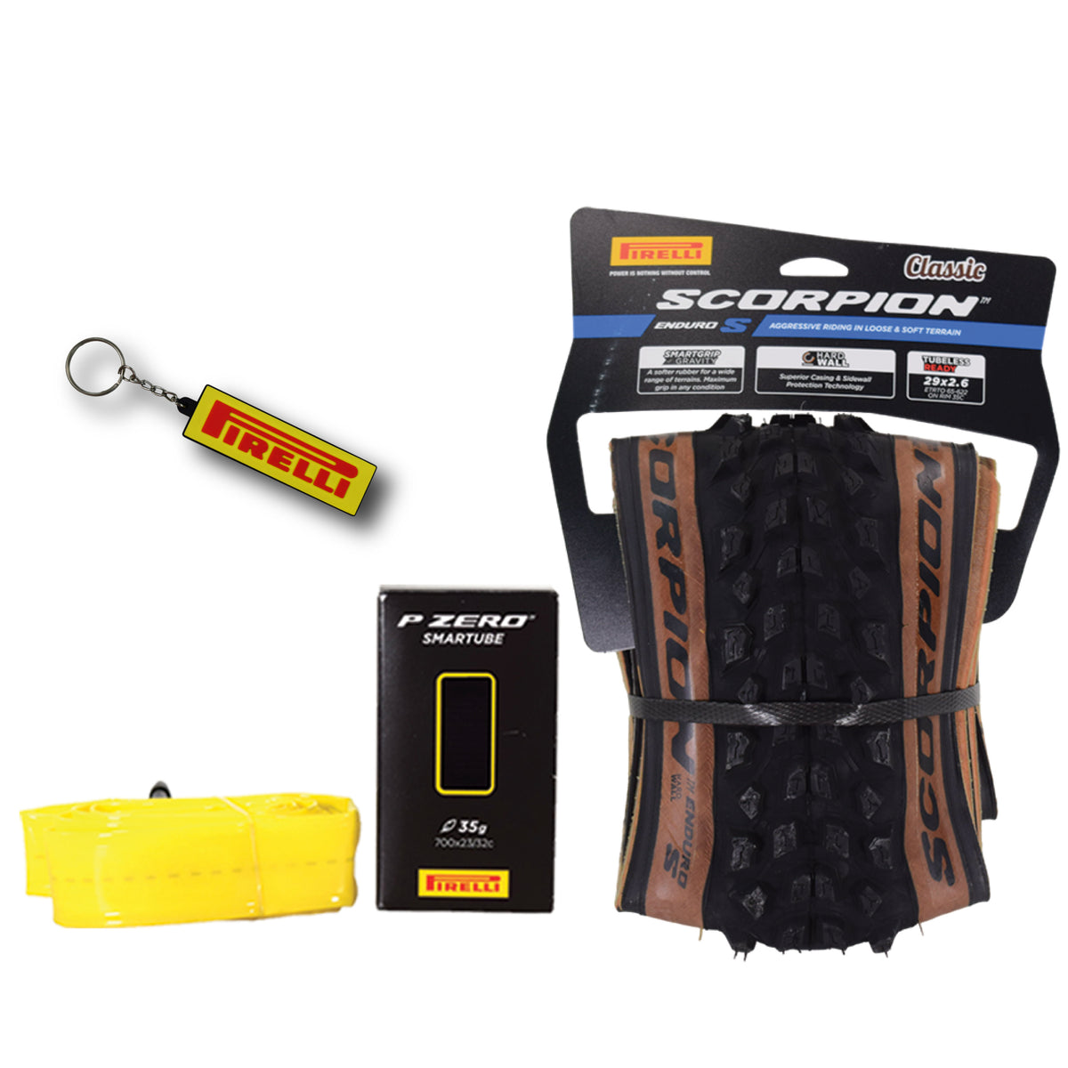 Pirelli Scorpion Enduro S Classic Tan 65-622 (29x 2.6) MTB Bicycle Tire & SmarTUBE 23/32-622 Set- Designed for Demanding XC Courses, 60TPI and Hard Wall Casing- Mountain Bike Tire w/Keychain