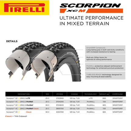Pirelli Scorpion XC RC Gold Label 60-622 (29x 2.4) MTB Bicycle Tire & SmarTUBE 23/32-622 Set- Designed for Demanding XC Courses, 120TPI and ProWall Casing- Mountain Bike Tire w/Keychain (2 Pk)