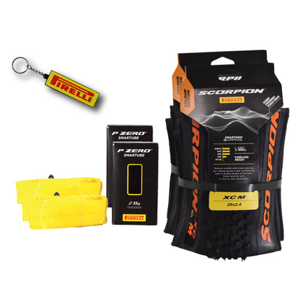 Pirelli Scorpion XC M Orange Label 60-622 (29x 2.4) MTB Bicycle Tire & SmarTUBE 23/32-622 Set- Designed for Hardpacked Courses and Mixed Terrains, 120TPI - Mountain Bike Tire w/Keychain (2 Pk)