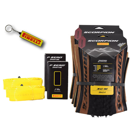 Pirelli Scorpion XC M Classic 60-622 (29x 2.4) MTB Bicycle Tire & SmarTUBE 23/32-622 Set- Designed for Hardpacked Courses and Mixed Terrains, 120TPI - Mountain Bike Tire w/Keychain (2 Pk)