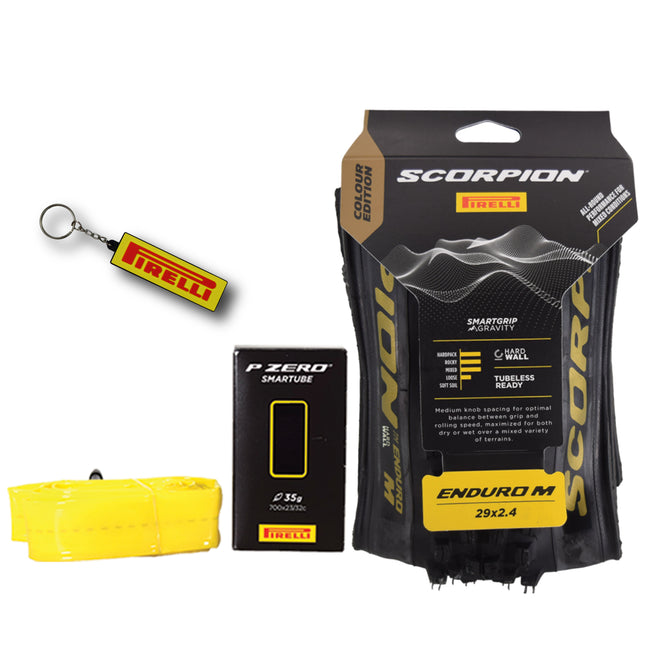 Pirelli Scorpion Enduro M Gold Color Edition (29 x 2.4) Mountain Bicycle Tire & SmarTUBE 23/32-622 Tubeless Ready 60 TPI  All-Terrain for Enduro Trail & Aggressive XC Riding Mountain Bike w/Keychain