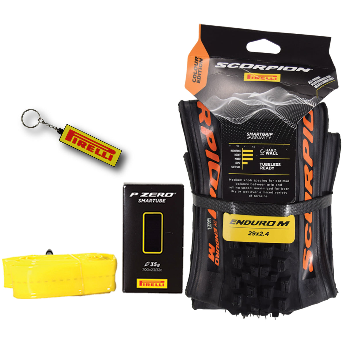 Pirelli Scorpion Enduro M Orange Color Edition (29 x 2.4) Mountain Bicycle Tire & SmarTUBE 23/32-622 Tubeless Ready 60 TPI  All-Terrain for Enduro Trail & Aggressive XC Riding Mountain Bike w/Keychain