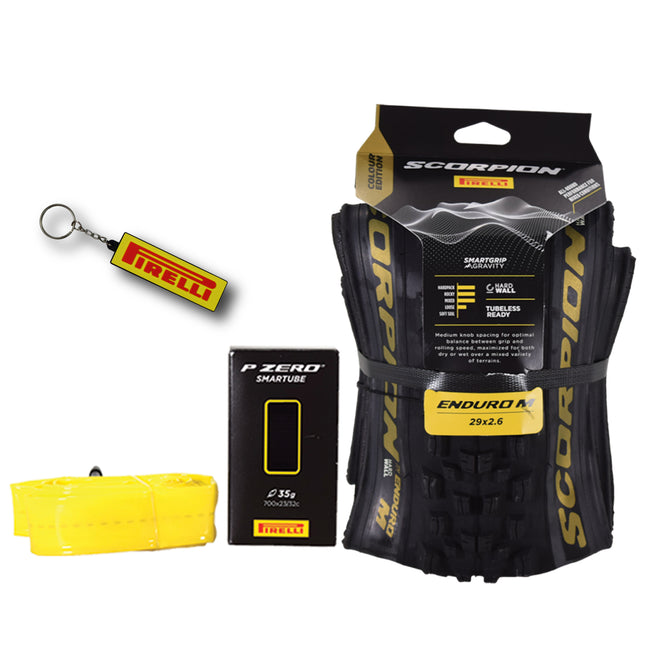 Pirelli Scorpion Enduro M Gold Color Edition (29 x 2.6) Mountain Bicycle Tire & SmarTUBE 23/32-622 Tubeless Ready 60 TPI  All-Terrain for Enduro Trail & Aggressive XC Riding Mountain Bike w/Keychain