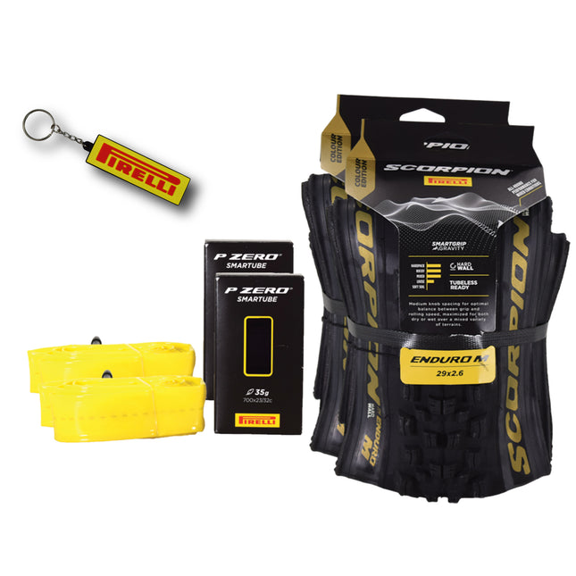 Pirelli Scorpion Enduro M Gold Color (29 x 2.6) Mountain Bicycle Tire & SmarTUBE 23/32-622 Tubeless Ready 60 TPI  All-Terrain for Enduro Trail & Aggressive XC Riding Mountain Bike w/Keychain (2 Pk)