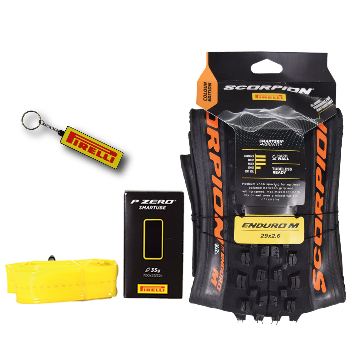 Pirelli Scorpion Enduro M Orange Color (29 x 2.6) Mountain Bicycle Tire & SmarTUBE 23/32-622 Tubeless Ready 60 TPI  All-Terrain for Enduro Trail & Aggressive XC Riding Mountain Bike w/Keychain