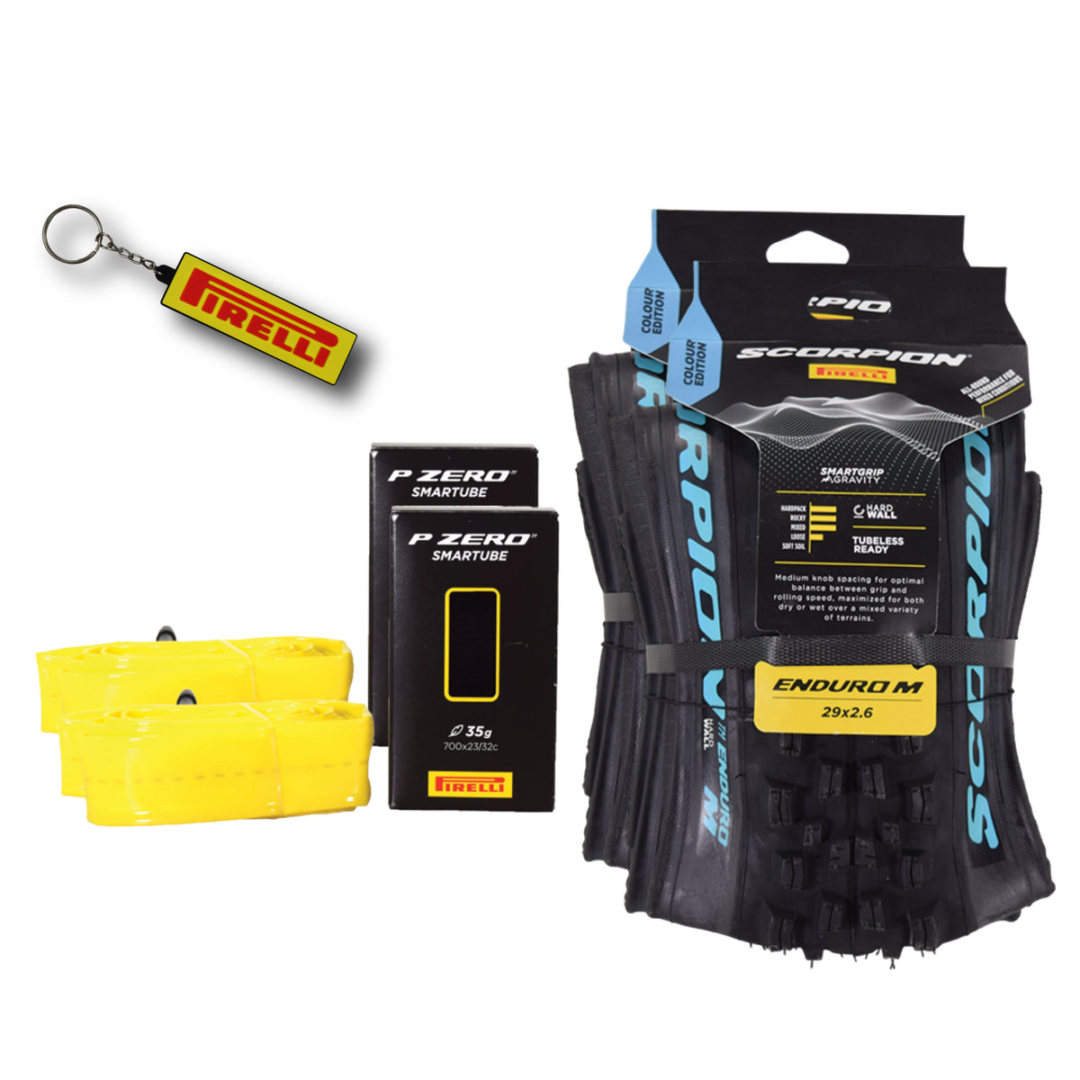 Pirelli Scorpion Enduro M Turchese Color (29x2.6) Mountain Bicycle Tire & SmarTUBE 23/32-622 Tubeless Ready 60 TPI  All-Terrain for Enduro Trail & Aggressive XC Riding Mountain Bike w/Keychain (2 Pk)