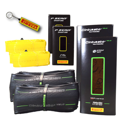 Pirelli Cinturato Velo TLR 32-622 (700 x 32c) Road Bicycle Tire & 23/32-622 Presta P ZERO SmarTUBE - Armour Tech, Clincher Type, Tubeless Ready Bike Tire with Keychain 700x32c(2-Pack Tire & Tubes)