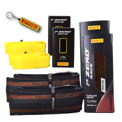 Pirelli P ZERO Race TLR Classic 28-622(700x28c) & SmarTUBE 23/32-622 700C Road Bike Tire & Tube Set-Lightweight, Bicycle Tire & Tube Set for Road Racing-Tan Sidewall, SmartEVO Compound w/Keychain(2Pk)