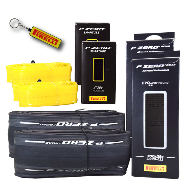 Pirelli P ZERO Road 28-622(700x28c) & SmarTUBE 23/32-622 700C Road Bike Tire & Tube Set- All-Season Performance, High Grip & Durability, Bicycle Tube&Tire Set- w/Keychain (2 Pk)