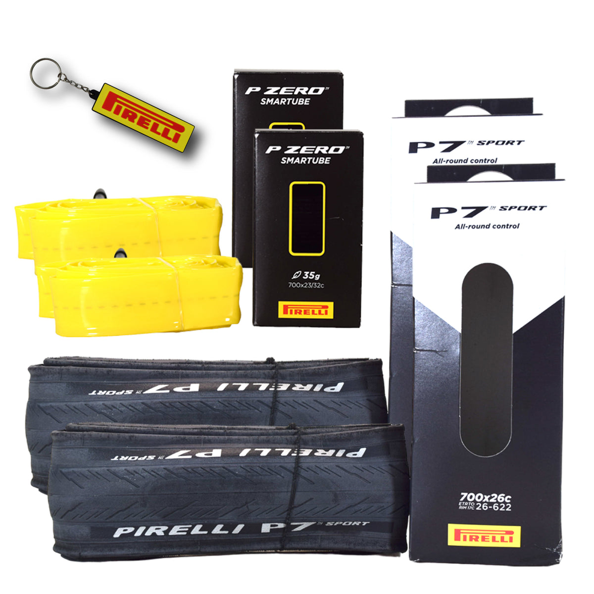 Pirelli P7 Sport 26-622 (700x26c) Road Bike Tire & SmarTUBE 23/32-622 700C Presta Tube Set -  All-Round Performance - 60tpi TechBELT Casing & PRO Compound for Comfort & Handling w/Keychain (2 Pk)