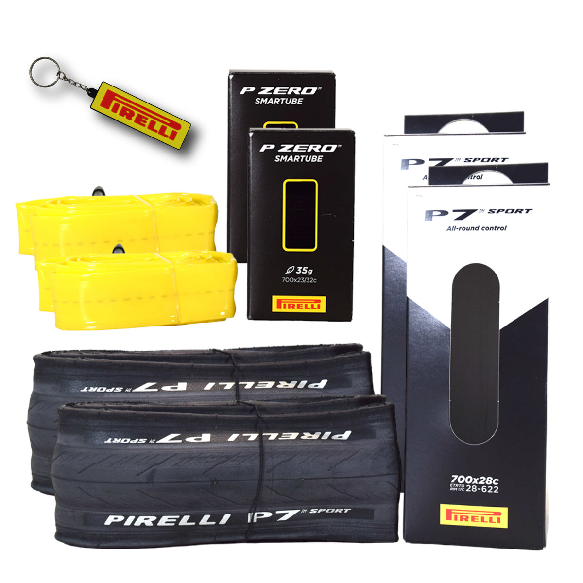 Pirelli P7 Sport 28-622 (700x28c) Road Bike Tire & SmarTUBE 23/32-622 700C Presta Tube Set -  All-Round Performance - 60tpi TechBELT Casing & PRO Compound for Comfort & Handling w/Keychain (2 Pk)