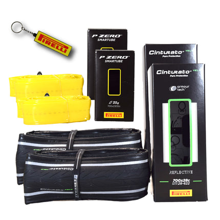 Pirelli Cinturato Velo TLR Reflective 28-622 (700 x 28c) Road Bicycle Tire & 23/32-622 Presta P ZERO SmarTUBE - Armour Tech, Tubeless Ready Bike Tire with Keychain 700x28c(2-Pack Tire & Tubes)