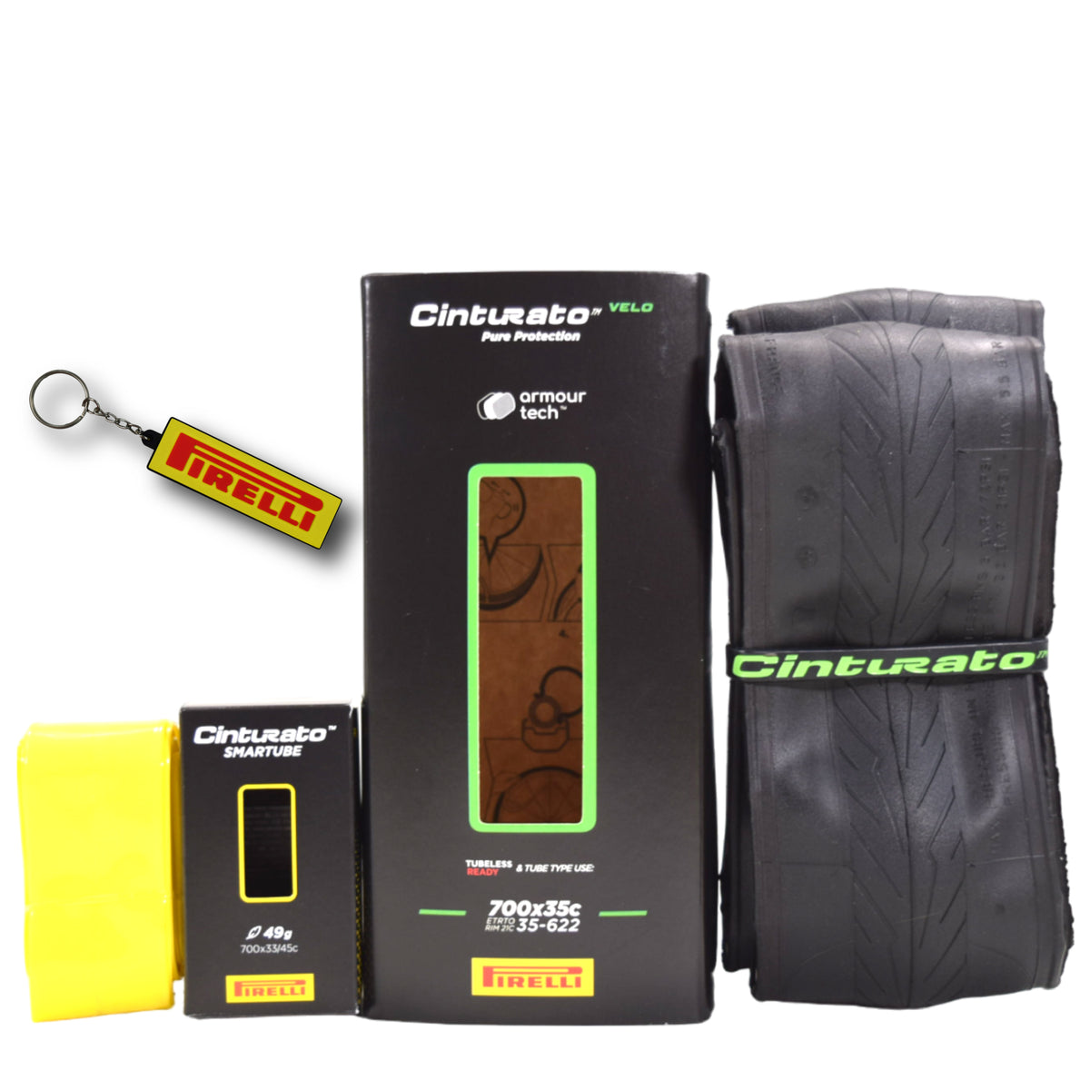 Pirelli Cinturato Velo TLR 35-622 (700 x 35c) Road Bicycle Tire & 33/45-622 Presta P ZERO SmarTUBE - Armour Tech, Clincher Type, Tubeless Ready Bike Tire with Keychain 700x35c