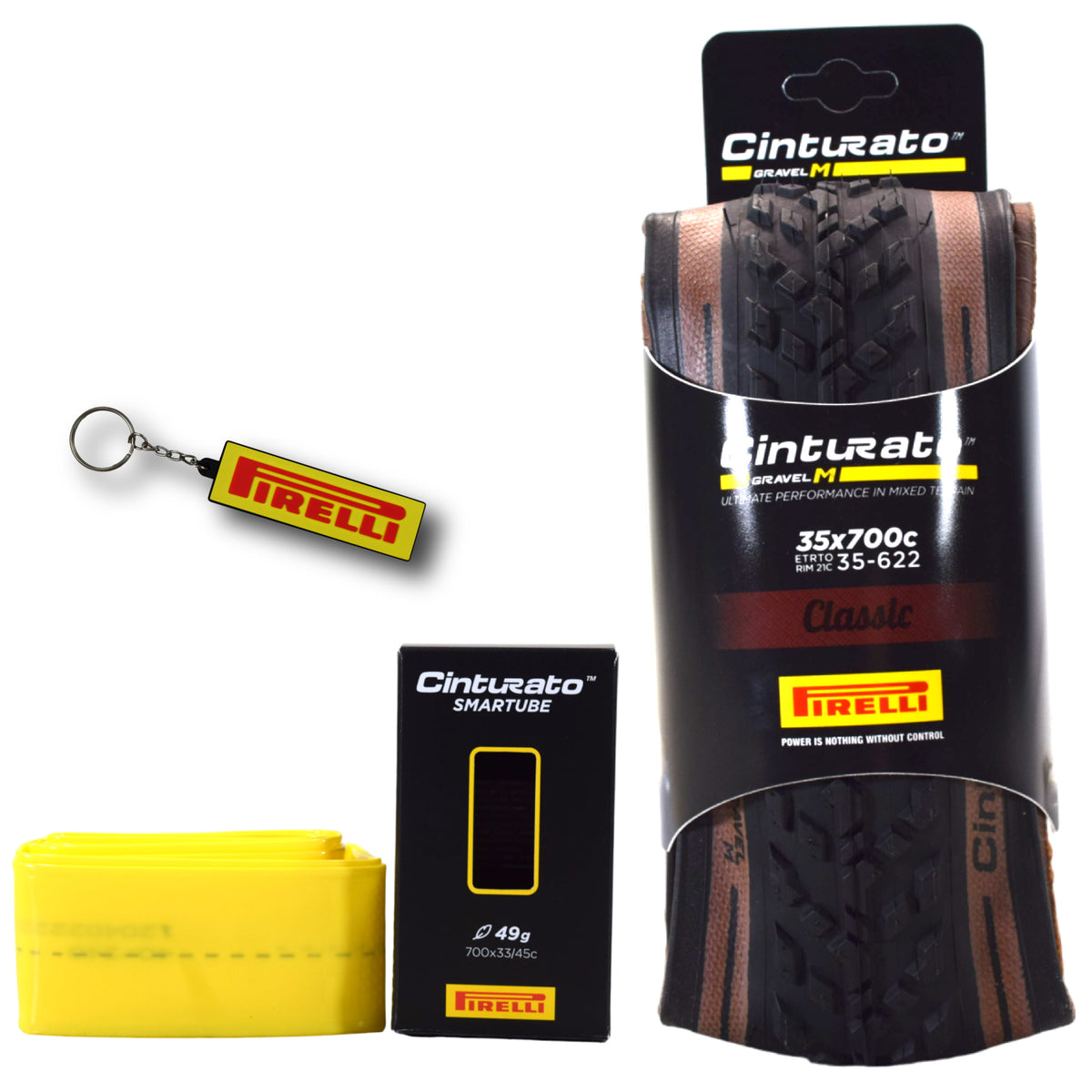 Pirelli Cinturato Gravel M TLR Classic 35-622 (700 x 35c) Road Bicycle Tire & 33/45-622 Presta Cinturato SmarTUBE - SpeedGrip Compound, Clincher Type, Tubeless Ready Bike Tire with Keychain