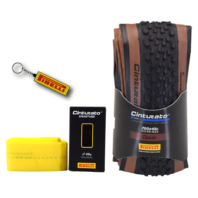 Pirelli Cinturato Gravel S TLR Classic 45-622 (700 x 45c) Road Bicycle Tire & 33/45-622 Presta Cinturato SmarTUBE - SpeedGrip Compound, Clincher Type, Tubeless Ready Bike Tire with Keychain
