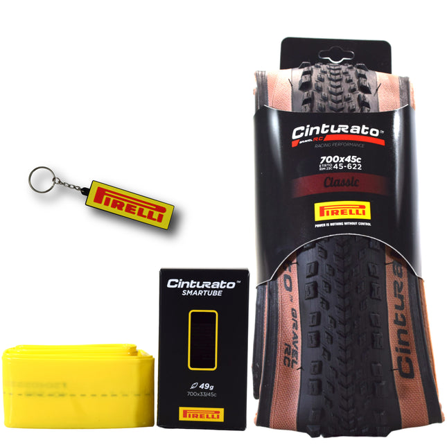 Pirelli Cinturato Gravel RC TLR Classic 45-622 (700 x 45c) Road Bicycle Tire & 33/45-622 Presta Cinturato SmarTUBE - SpeedGrip Compound, Clincher Type, Tubeless Ready Bike Tire with Keychain