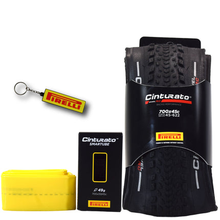 Pirelli Cinturato Gravel RC TLR 45-622 (700 x 45c) Road Bicycle Tire & 33/45-622 Presta Cinturato SmarTUBE - SpeedGrip Compound, Clincher Type, Tubeless Ready Bike Tire with Keychain