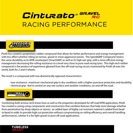 Pirelli Cinturato Gravel RC TLR 45-622 (700 x 45c) Road Bicycle Tire & 33/45-622 Presta Cinturato SmarTUBE - SpeedGrip Compound, Clincher Type, Tubeless Ready Bike Tire with Keychain