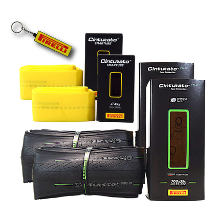 Pirelli Cinturato Velo TLR 35-622 (700 x 35c) Road Bicycle Tire & 33/45-622 Presta P ZERO SmarTUBE - Armour Tech, Clincher Type, Tubeless Ready Bike Tire with Keychain 700x35c(2-Pack Tire & Tubes)