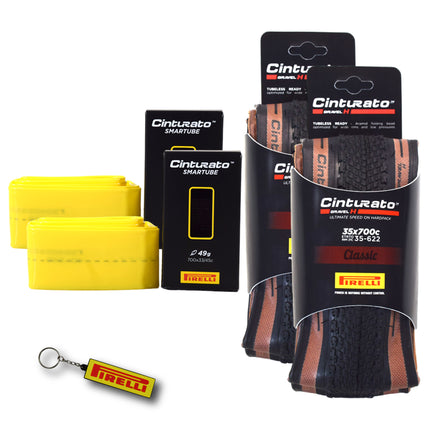 Pirelli Cinturato Gravel H TLR Classic 35-622 (700 x 35c) Road Bicycle Tire & 33/45-622 Presta Cinturato SmarTUBE - SpeedGrip Compound, Tubeless Ready Bike Tire with Keychain (2 Pack Tires & Tubes)
