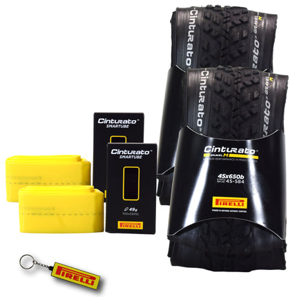 Pirelli Cinturato Gravel M TLR 45-584 (650 x 45c) Race Bicycle Tire & 33/45-584 Presta Cinturato SmarTUBE - SpeedGrip Compound, Tubeless Ready Bike Tire with Keychain (2 Pack Tires & Tubes)