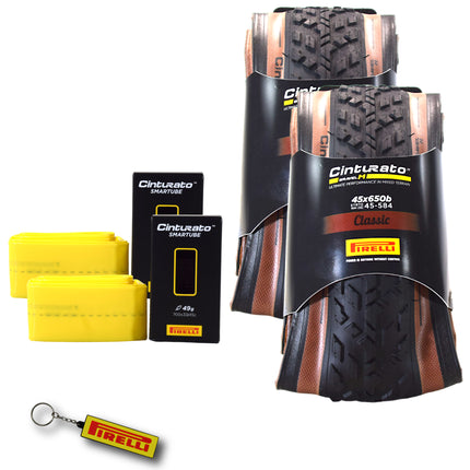 Pirelli Cinturato Gravel M TLR Classic 45-584 (650 x 45c) Road Bicycle Tire & 33/45-584 Presta Cinturato SmarTUBE - SpeedGrip Compound, Tubeless Ready Bike Tire with Keychain (2 Pack Tires & Tubes)