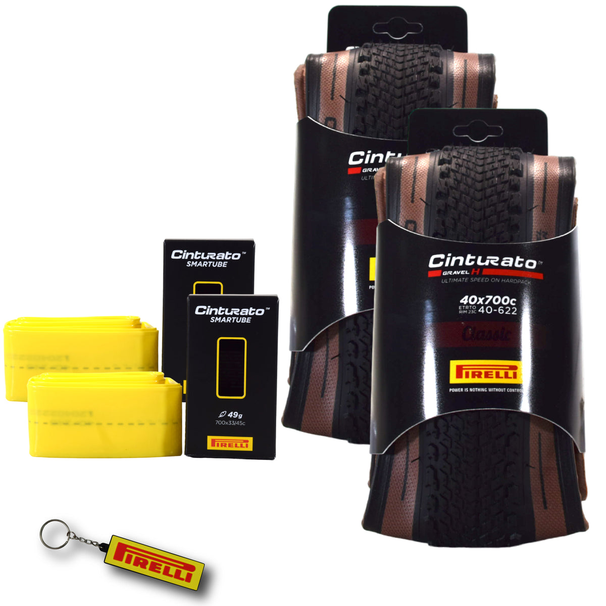 Pirelli Cinturato Gravel H TLR Classic 40-622 (700 x 40c) Road Bicycle Tire & 33/45-622 Presta Cinturato SmarTUBE - SpeedGrip Compound, Tubeless Ready Bike Tire with Keychain (2 Pack Tires & Tubes)