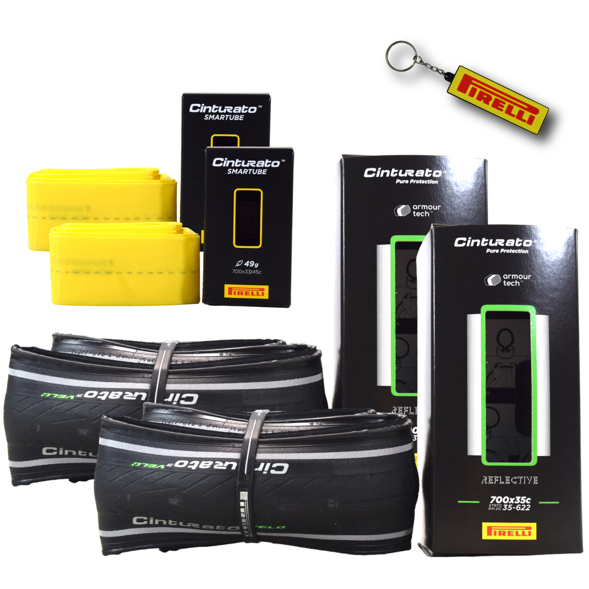 Pirelli Cinturato Velo TLR Reflective 35-622 (700 x 35c) Road Bicycle Tire & 33/45-622 Presta P ZERO SmarTUBE - Armour Tech, Tubeless Ready Bike Tire with Keychain 700x35c(2-Pack Tire & Tubes)