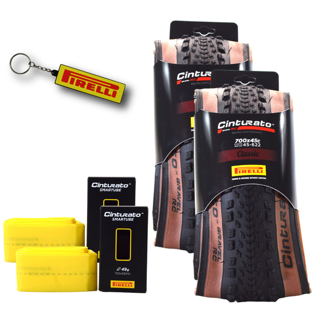 Pirelli Cinturato Gravel RC TLR Classic 45-622 (700 x 45c) Road Bicycle Tire & 33/45-622 Presta Cinturato SmarTUBE - SpeedGrip Compound, Tubeless Ready Bike Tire with Keychain (2 Pack Tires & Tubes)