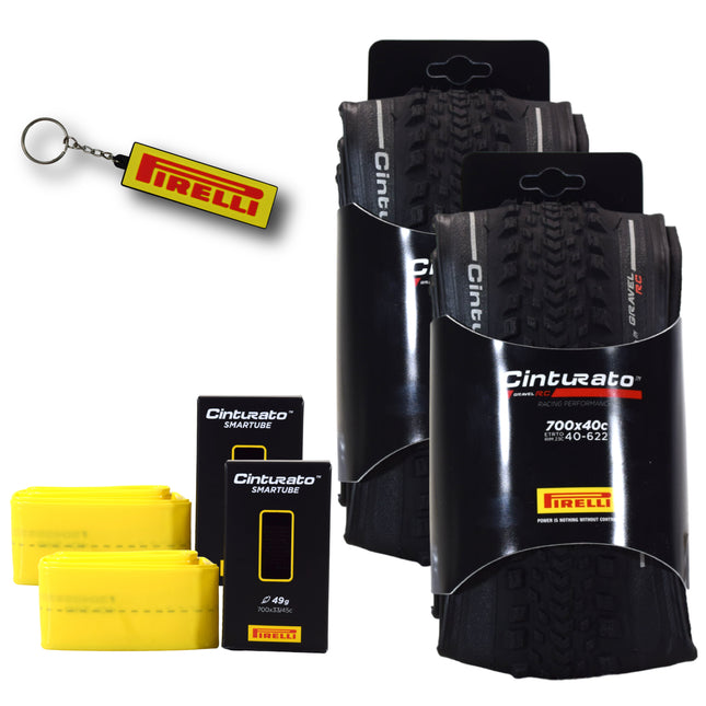 Pirelli Cinturato Gravel RC 40-622 (700 x 40c) Race Bicycle Tire & 33/45-622 Presta Cinturato SmarTUBE - SpeedGrip Compound, Tubeless Ready Bike Tire with Keychain (2 Pack Tires & Tubes)