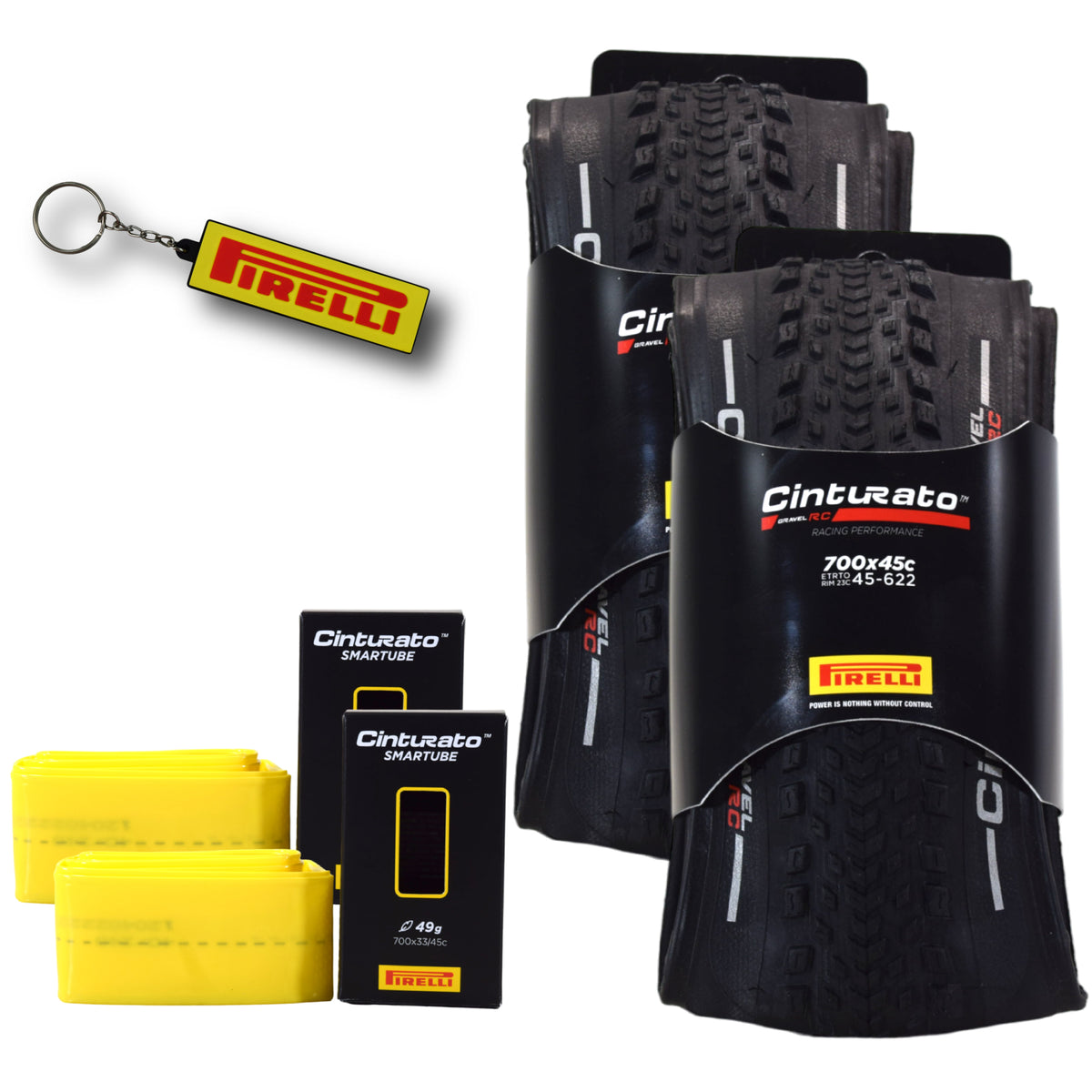 Pirelli Cinturato Gravel RC TLR 45-622 (700 x 45c) Road Bicycle Tire & 33/45-622 Presta Cinturato SmarTUBE - SpeedGrip Compound, Tubeless Ready Bike Tire with Keychain (2 Pack Tires & Tubes)