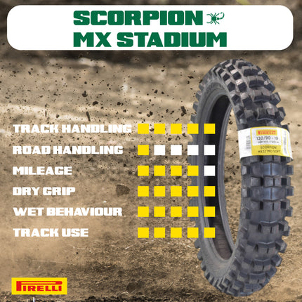 PIRELLI MID-SOFT STADIUM 120/90-19 NHS 66M Tire with Keychain – Ideal for Soft and Intermediate Terrain -Premium Off-Road Performance Even in Extreme racing conditions!