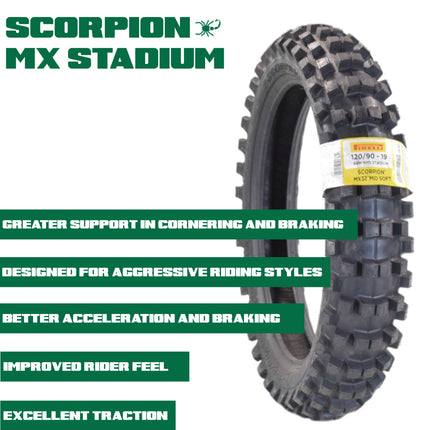 PIRELLI MID-SOFT STADIUM 120/90-19 NHS 66M Tire with Keychain – Ideal for Soft and Intermediate Terrain -Premium Off-Road Performance Even in Extreme racing conditions!