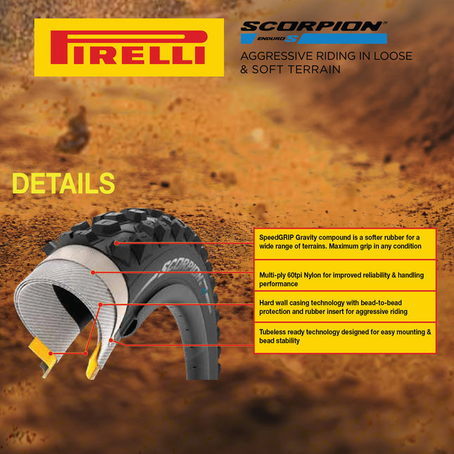 Pirelli Scorpion Enduro S Yellow Label 65-622 (29x 2.4) MTB Bicycle Tire  - Designed for Demanding XC Courses, 60TPI and Hard Wall Casing- Mountain Bike Tire w/Keychain (2 Pk)