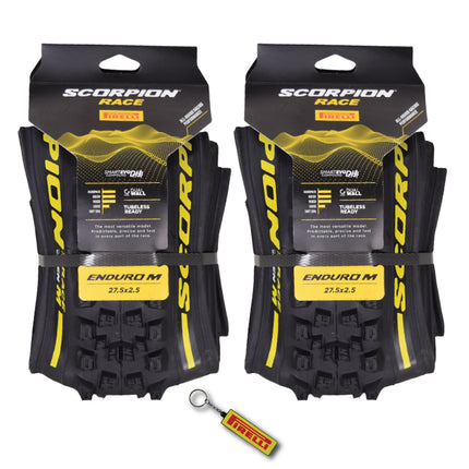 Pirelli Scorpion Race Enduro M Yellow Label 63-584 (27.5x 2.5) MTB Bicycle Tire  - Designed for Hardpacked Courses and Mixed Terrains, 120x2TPI - Mountain Bike Tire w/Keychain (2 Pk)