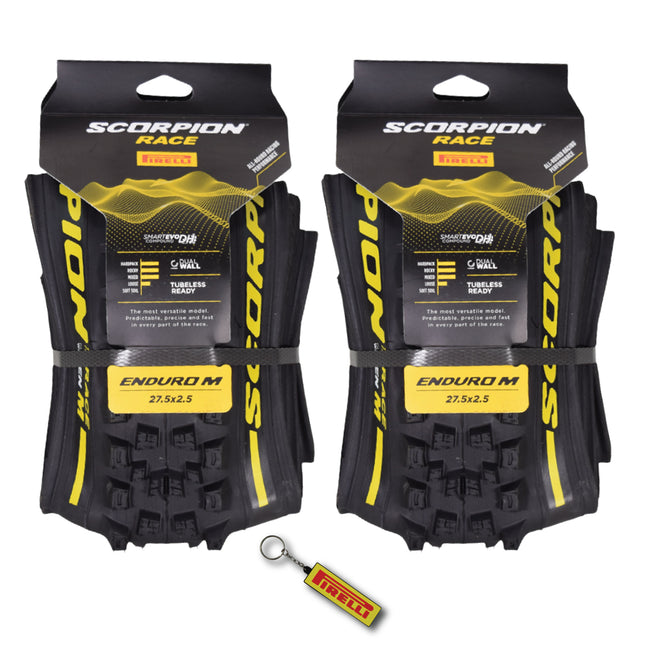 Pirelli Scorpion Race Enduro M Yellow Label 63-584 (27.5x 2.5) MTB Bicycle Tire  - Designed for Hardpacked Courses and Mixed Terrains, 120x2TPI - Mountain Bike Tire w/Keychain (2 Pk)