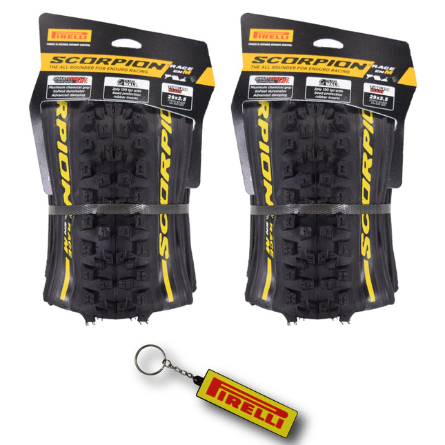 Pirelli Scorpion Race Enduro M Yellow Label 63-622 (29x 2.5) MTB Bicycle Tire & SmarTUBE 23/32-622 Set- Designed for Hardpacked Courses and Mixed Terrains, 120x2TPI - Mountain Bike Tire w/Keychain