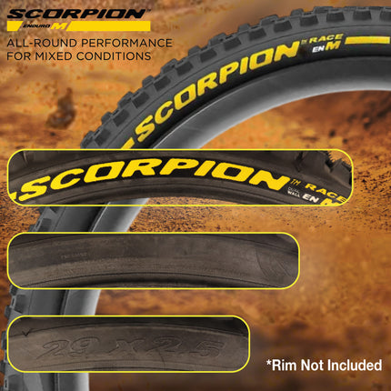 Pirelli Scorpion Race Enduro M Yellow Label 63-622 (29x 2.5) MTB Bicycle Tire & SmarTUBE 23/32-622 Set- Designed for Hardpacked Courses and Mixed Terrains, 120x2TPI - Mountain Bike Tire w/Keychain