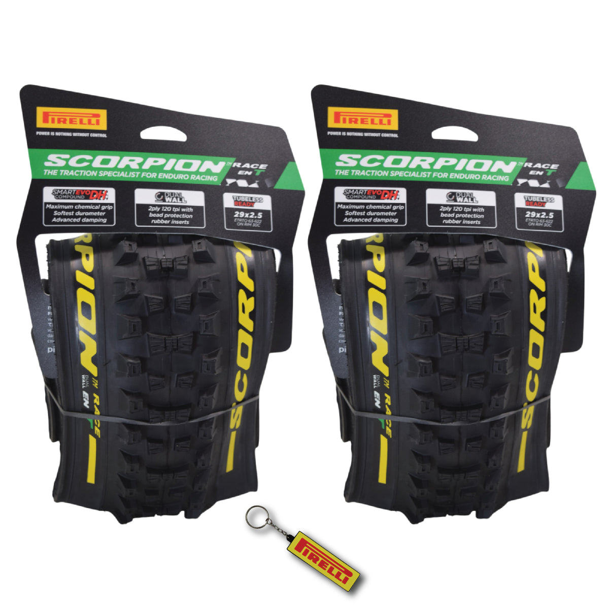 Pirelli Scorpion Race Enduro T Yellow Label 63-622 (29x 2.5) MTB Bicycle Tire  - Designed for Traction and Mixed Terrains, 120x2TPI - Mountain Bike Tire w/Keychain (2 Pk)