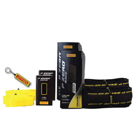 Pirelli P ZERO Race 28-622(700x28c) Color Edition White & SmarTUBE 23/32-622 700C Road Bike Tire & Tube Set-Tubeless Ready, All-Season Performance, High Grip, Bicycle Tube&Tire Set- w/Keychain (2 Pk)