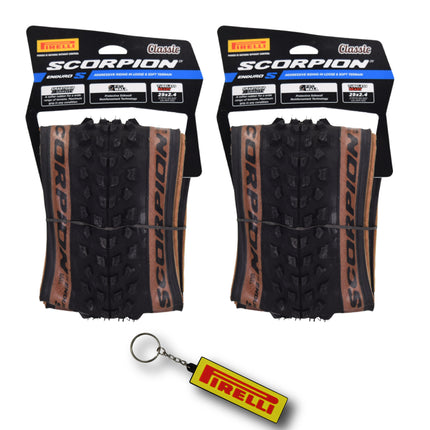 Pirelli Scorpion Enduro S Classic Tan 60-622 (29x 2.4) MTB Bicycle Tire  - Designed for Demanding XC Courses, 60TPI and ProWall Casing- Mountain Bike Tire w/Keychain (2 Pk)
