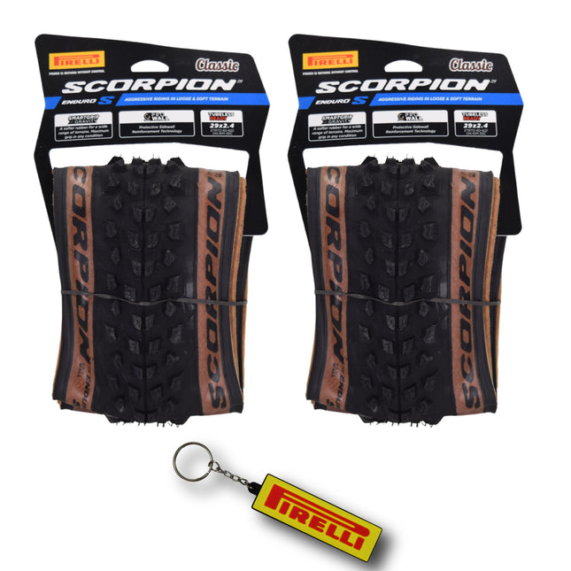 Pirelli Scorpion Enduro S Classic Tan 60-622 (29x 2.4) MTB Bicycle Tire  - Designed for Demanding XC Courses, 60TPI and ProWall Casing- Mountain Bike Tire w/Keychain (2 Pk)