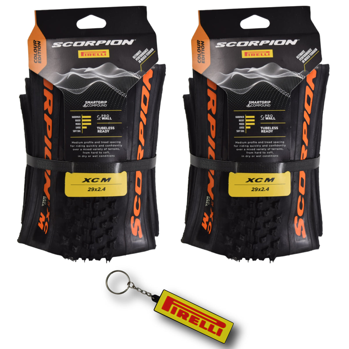Pirelli Scorpion XC M Orange Label 60-622 (29x 2.4) MTB Bicycle Tire  - Designed for Hardpacked Courses and Mixed Terrains, 120TPI and ProWall Casing- Mountain Bike Tire w/Keychain (2 Pk)