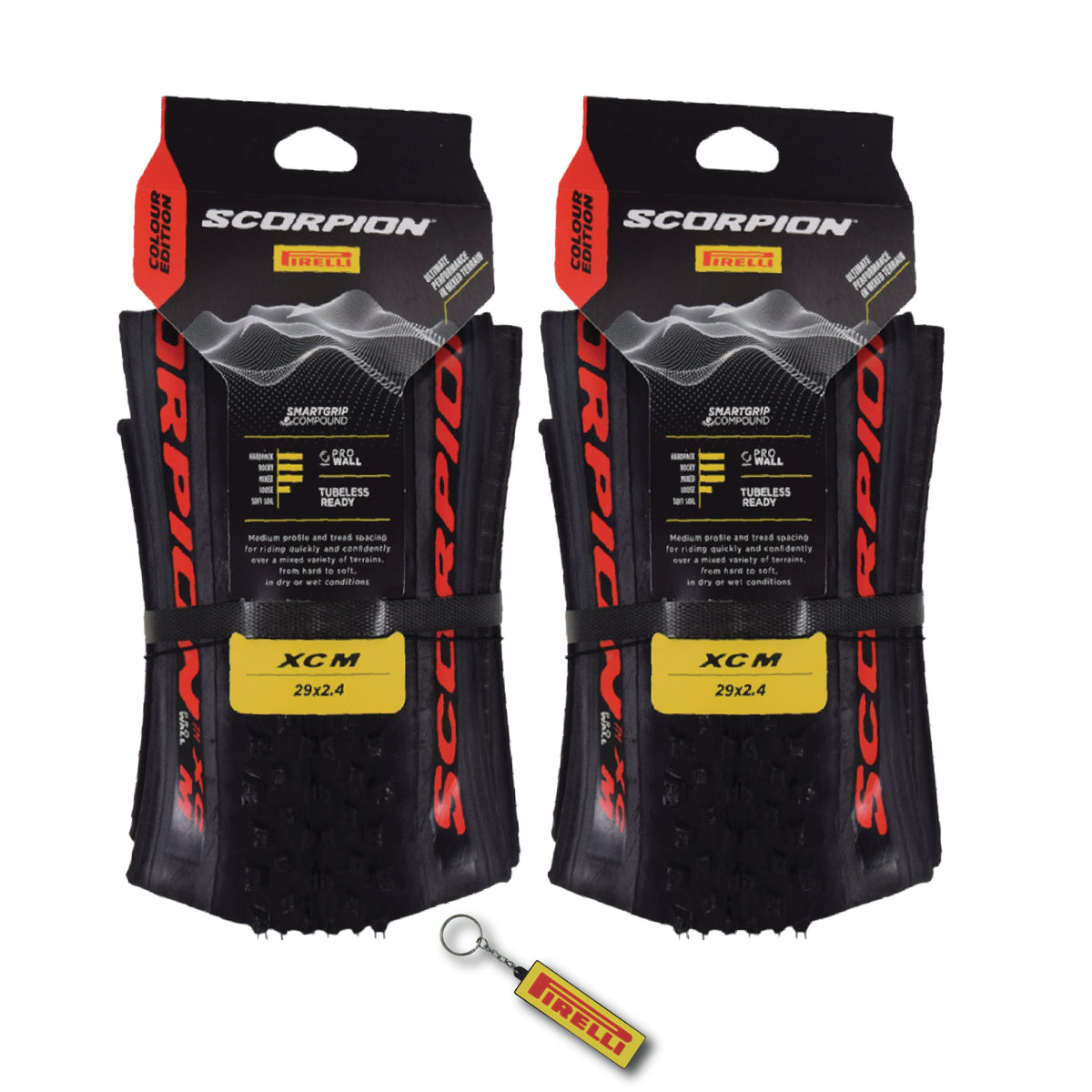Pirelli Scorpion XC M Red Label 60-622 (29x 2.4) MTB Bicycle Tire  - Designed for Hardpacked Courses and Mixed Terrains, 120TPI and ProWall Casing- Mountain Bike Tire w/Keychain (2 Pk)