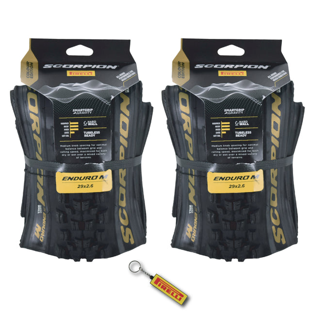 Pirelli Scorpion Enduro M Gold Color (29 x 2.6) Mountain Bicycle Tire Tubeless Ready, HardWALL 60 TPI High-Performance All-Terrain Tire for Enduro Trail & Aggressive XC Mountain Bike w/Keychain (2 Pk)