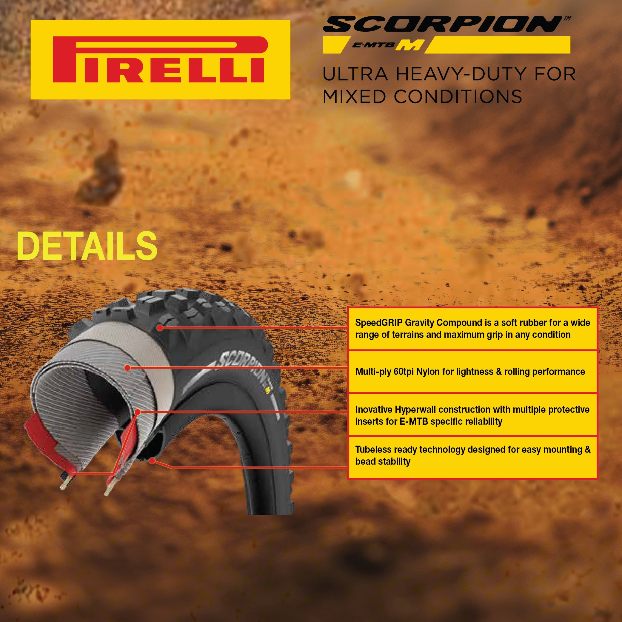 Pirelli Scorpion E-MTB M 65-584 (29 x 2.6) MTB Bicycle Tire - Versatile E-Mountain Bike Tire for Trail and Enduro Use, Mixed Terrain, E-Bike MTB, 120 TPI Mountain Bike Tires w/Keychain (2Pk)