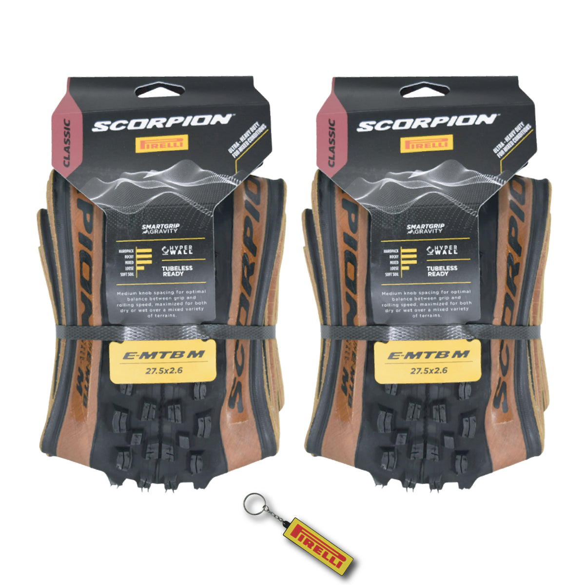 Pirelli Scorpion E-MTB M 65-584 (27.5 x 2.6) MTB Bicycle Tire - Versatile E-Mountain Bike Tire for Trail and Enduro Use, Mixed Terrain, E-Bike MTB, 120 TPI Mountain Bike Tires w/Keychain (2Pk)