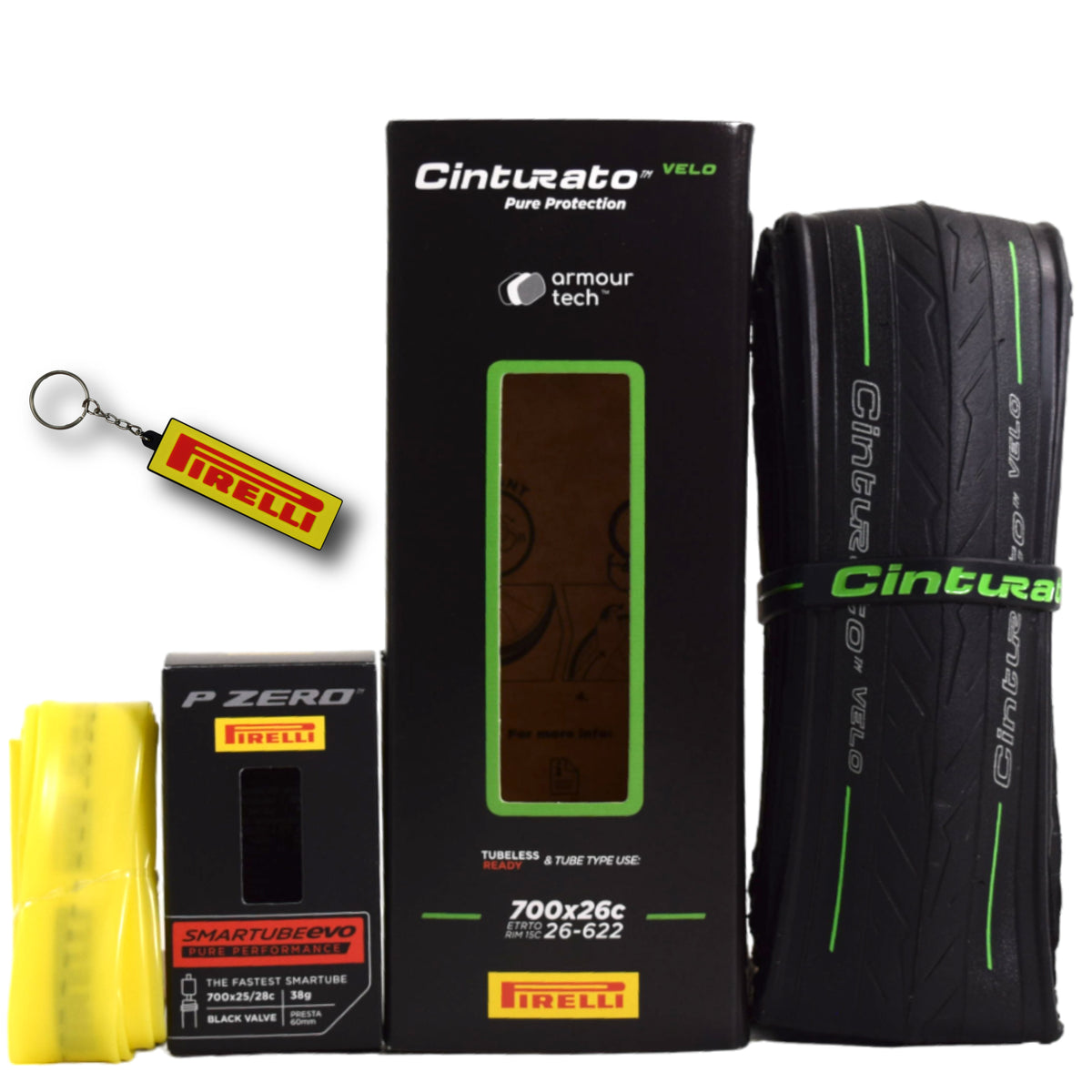 Pirelli Cinturato Velo TLR 26-622 (700 x 26c) Road Bicycle Tire & 25/32-622 Presta P ZERO SmarTUBE - Armour Tech, Clincher Type, Tubeless Ready Bike Tire with Keychain 700x26c